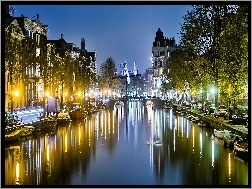 Nocą, Most, Łódki, Kamienice, Amsterdam, Kanał